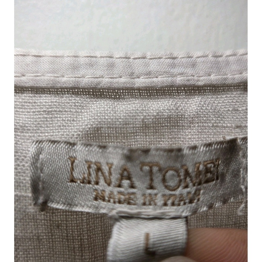 Lina Tomei Italy 100% Linen Embroidered Hem Blouse Top Beige Women's Size L - Picture 2 of 7
